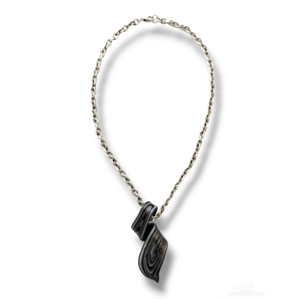 Vintage Black Silver Lampwork Art Glass Spiral Ribbon Pendant 3" Y2K - Picture 7 of 9
